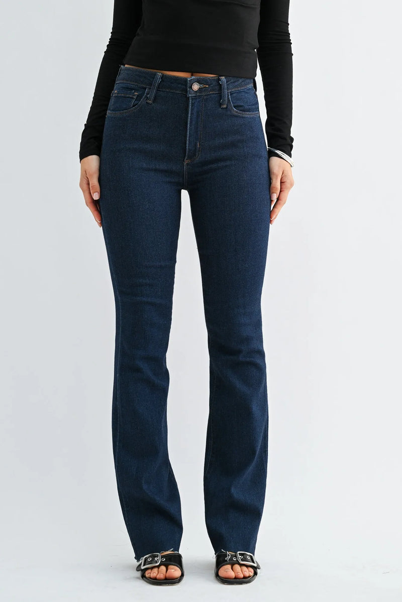 Dark blue high-waisted slim bootcut jeans with flared denim, five-pocket design, and silver-toned hardware