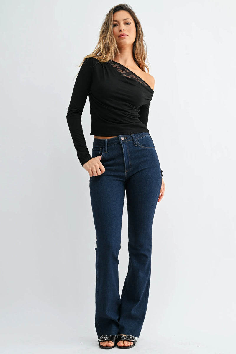Dark blue high-waisted slim bootcut jeans with scissor cut flared denim for ladies in slim fit bootcut jeans style