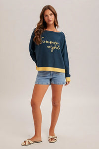 Summer night graphic sweater: dark blue off-shoulder with gold embroidery