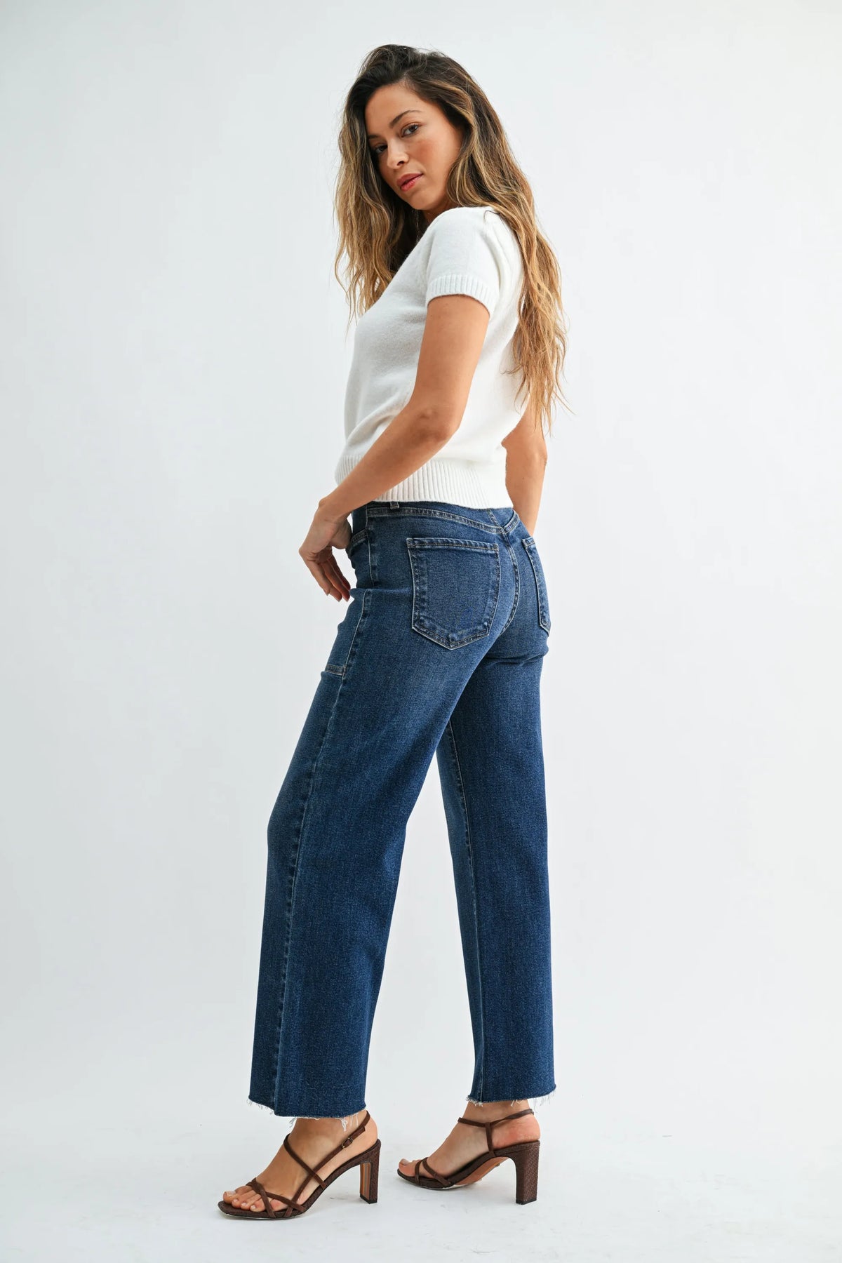 Dark blue nautical wide leg denim jeans with a high rise and straight hem in wide leg denim style