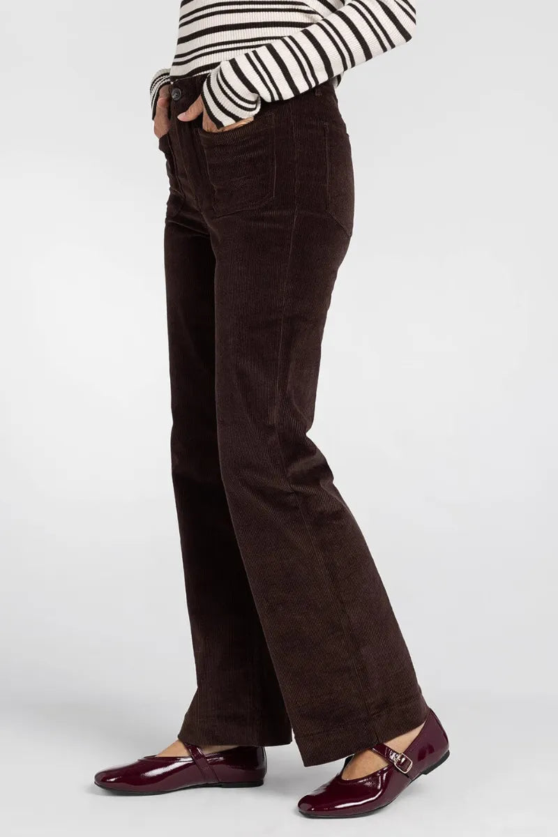 Dark brown corduroy supply gladys pants with flare fit classic tapered silhouette and multiple pockets