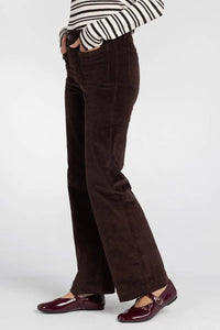 Dark brown corduroy supply gladys pants with flare fit classic tapered silhouette and multiple pockets