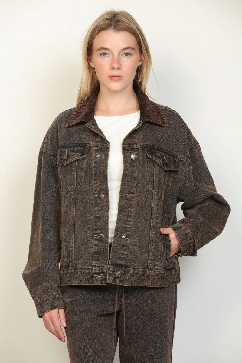 Dark brown oversized trucker denim jacket with contrasting suede collar crafted from durable denim material