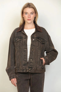 Dark brown oversized trucker denim jacket with contrasting suede collar crafted from durable denim material