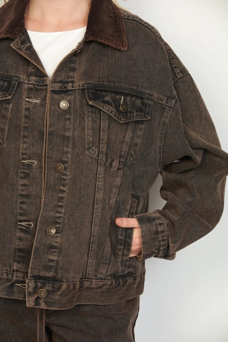 Dark brown oversized trucker denim jacket with a contrasting corduroy collar in a durable trucker denim fabric