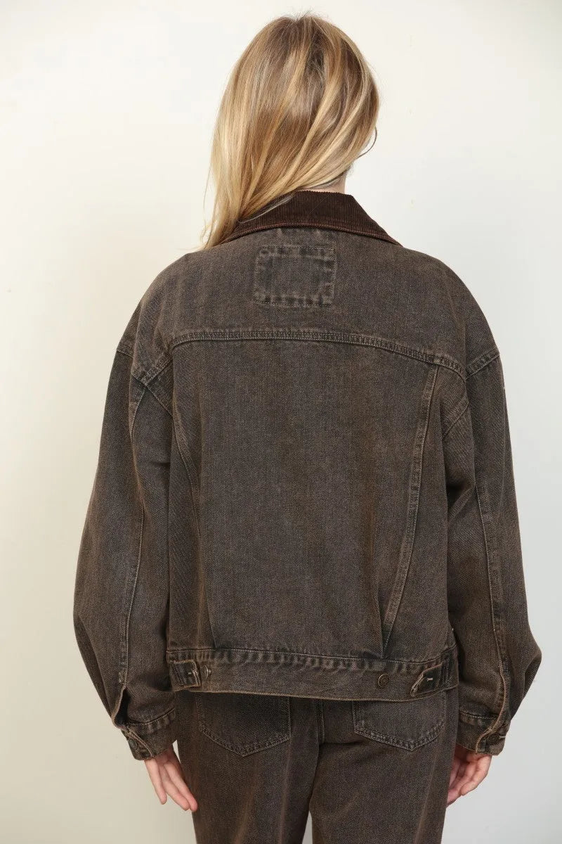 Dark brown oversized trucker denim jacket with contrasting corduroy collar and visible stitching details
