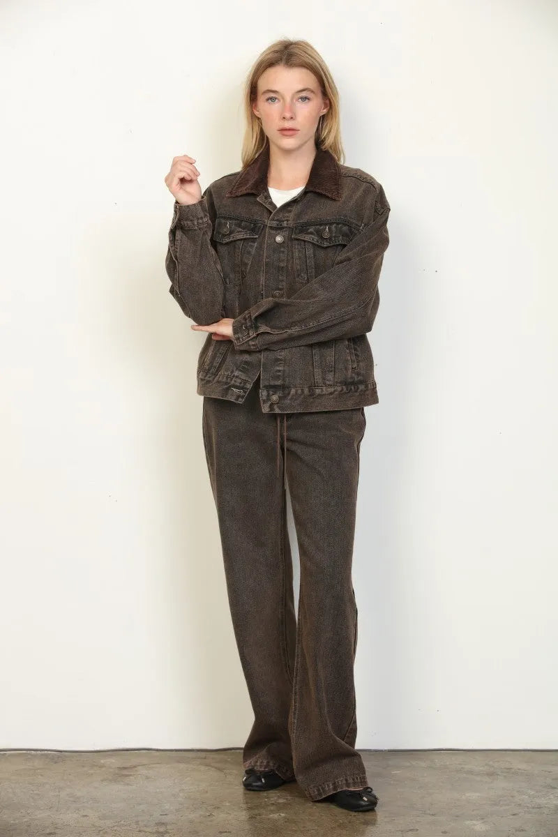 Dark brown oversized trucker denim jacket with contrasting collar and classic button front design in denim material