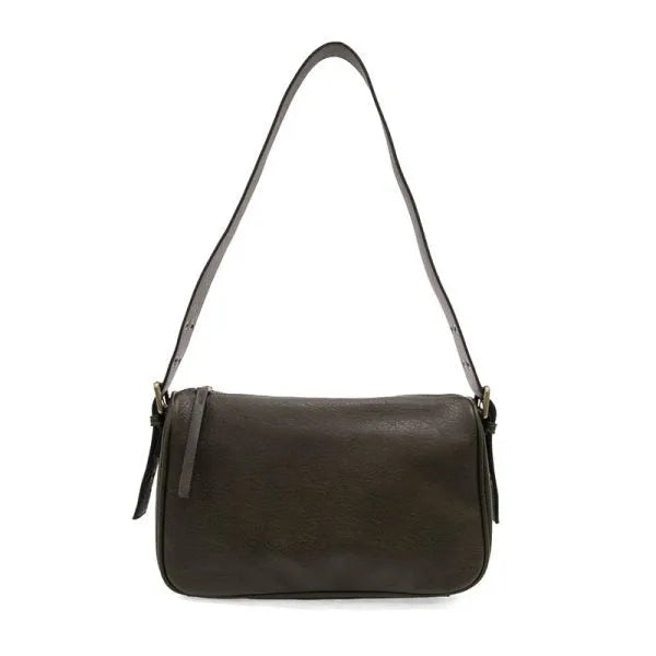 Dark brown leather morgan buckle shoulder bag with minimalist design and single strap crossbody style