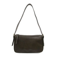 Dark brown leather morgan buckle shoulder bag with minimalist design and single strap crossbody style
