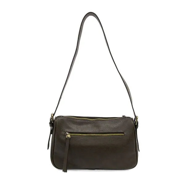 Dark brown leather morgan buckle shoulder bag with gold-toned zipper and matching strap crossbody style