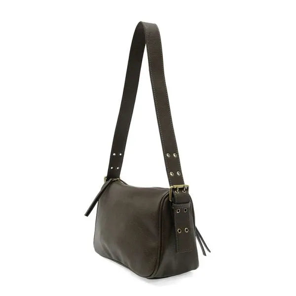 Dark brown leather morgan buckle shoulder bag with single adjustable strap and metal hardware accents