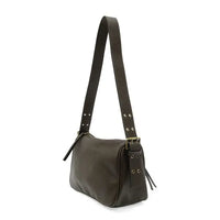Dark brown leather morgan buckle shoulder bag with single adjustable strap and metal hardware accents