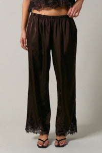 Dark brown satin elastic waist lace trim wide leg pants with delicate black lace trim at the hem