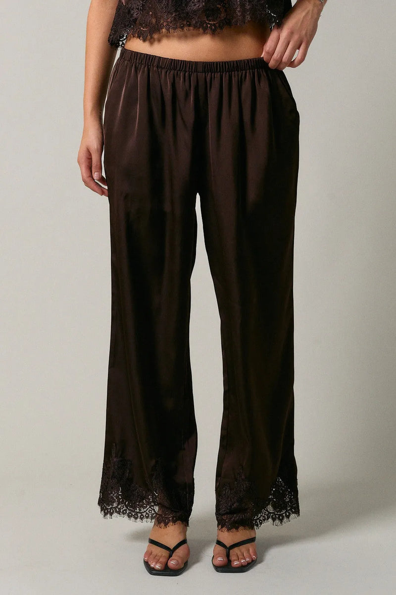 Dark brown satin elastic waist lace trim wide leg pants with delicate black lace trim at the hem