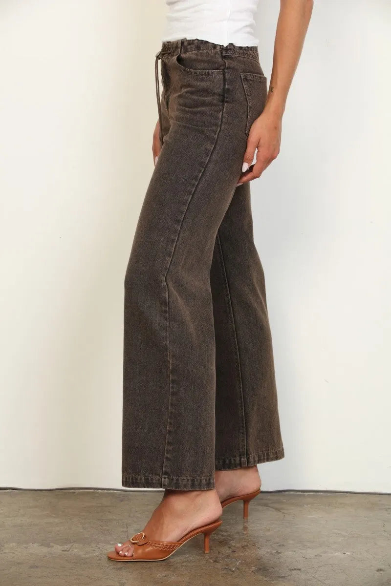 Dark brown overdyed straight leg denim jeans with wide-leg fit and drawstring waistband in cotton material