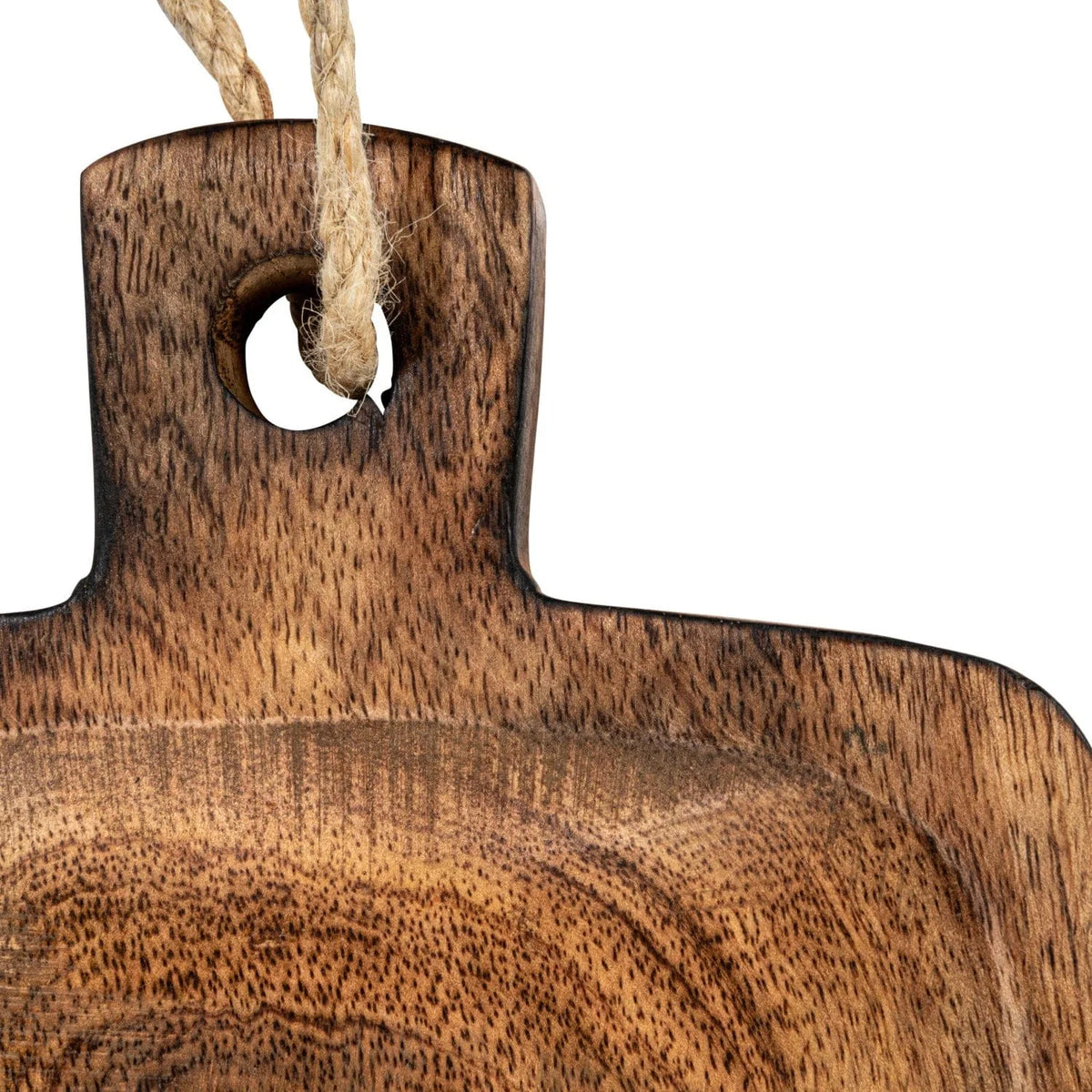 Hand-carved mango wood serving board with handle and jute tie