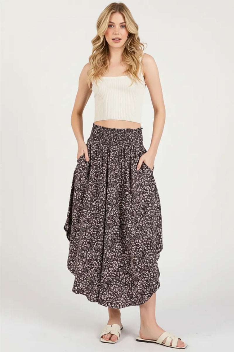 Floral print waist smocked midi skirt, dark gray flowing maxi with pockets