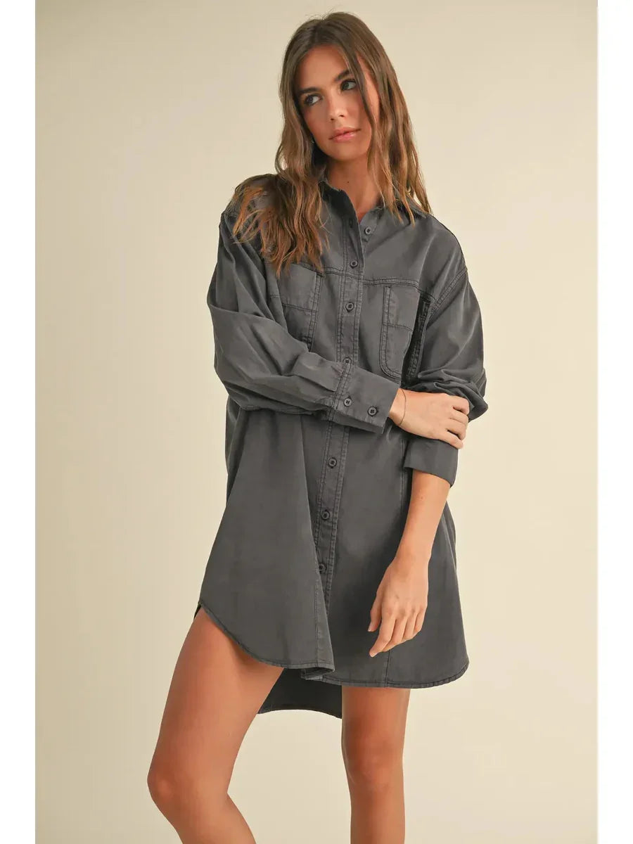 Dark gray washed buttondown shirt dress with pockets and rolled sleeves