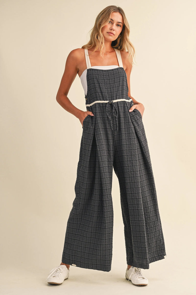 Dark gray plaid wide-leg overalls with white straps and drawcord waistline plaid adjustable ankles design