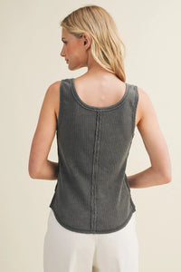 Dark gray deconstructed vertebral seam ribbed tank top with sleeveless design and rounded neckline back side shown