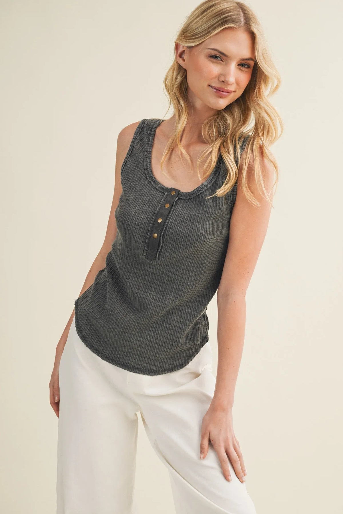 Dark gray ribbed knit sleeveless deconstructed vertebral seam tank top with buttoned placket and rounded neckline