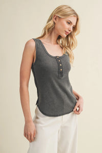Dark gray deconstructed vertebral seam ribbed tank top with square neckline and gold-toned buttons down the front
