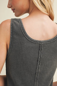 Dark gray ribbed knit sleeveless deconstructed vertebral seam tank top with distressed back seam and rounded neckline