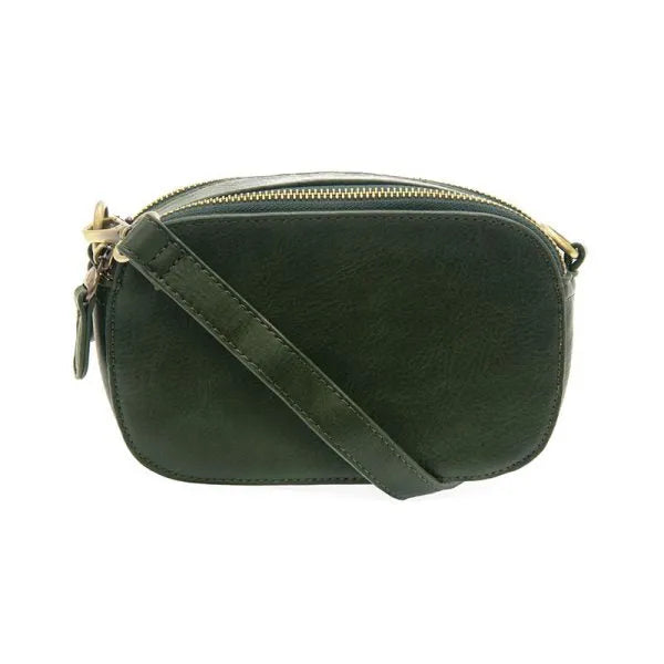 Dark green leather layne double zip mini camera crossbody bag with gold-tone zipper and hardware