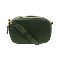 Dark green leather layne double zip mini camera crossbody bag with gold-tone zipper and hardware