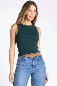 Dark green sleeveless fitted evie basic tank with rounded neckline from thread and supply perfect for layering or casual wear