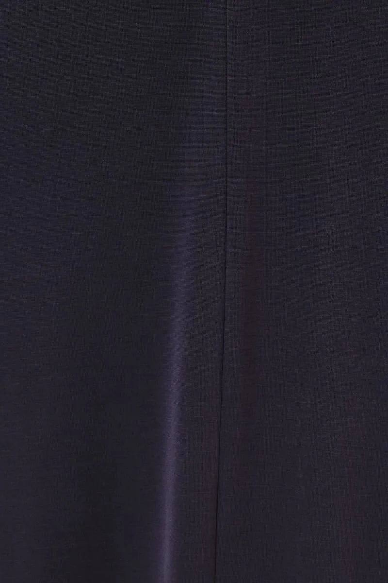 Dark navy blue round neck narrow shoulder a line maxi dress fabric with subtle sheen and fine center seam