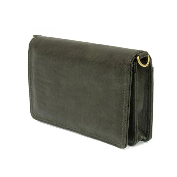 Dark olive green leather billie mini organizer crossbody bag with gold-tone metal ring organizer crossbody bag detail