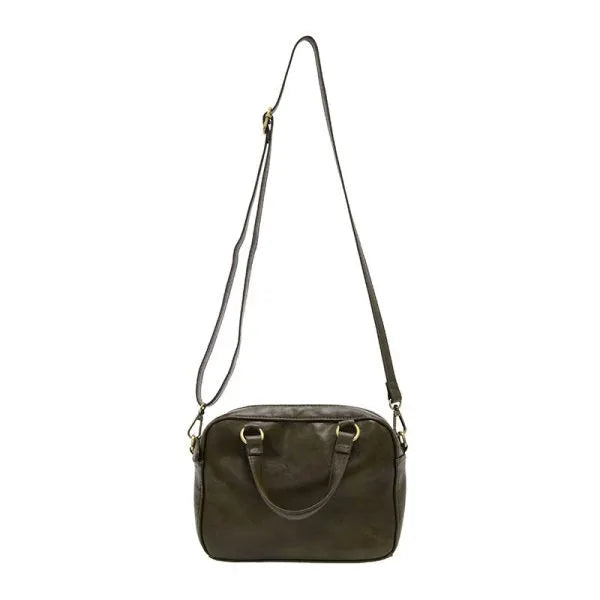 Dark olive green leather regina mini satchel crossbody with short top handles and long adjustable strap