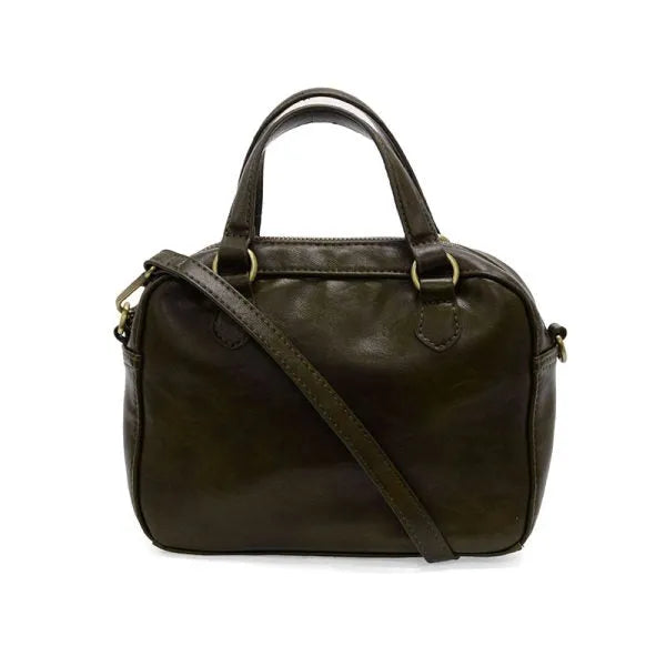 Dark olive leather regina mini satchel with top handles and detachable shoulder strap for mini satchel crossbody use