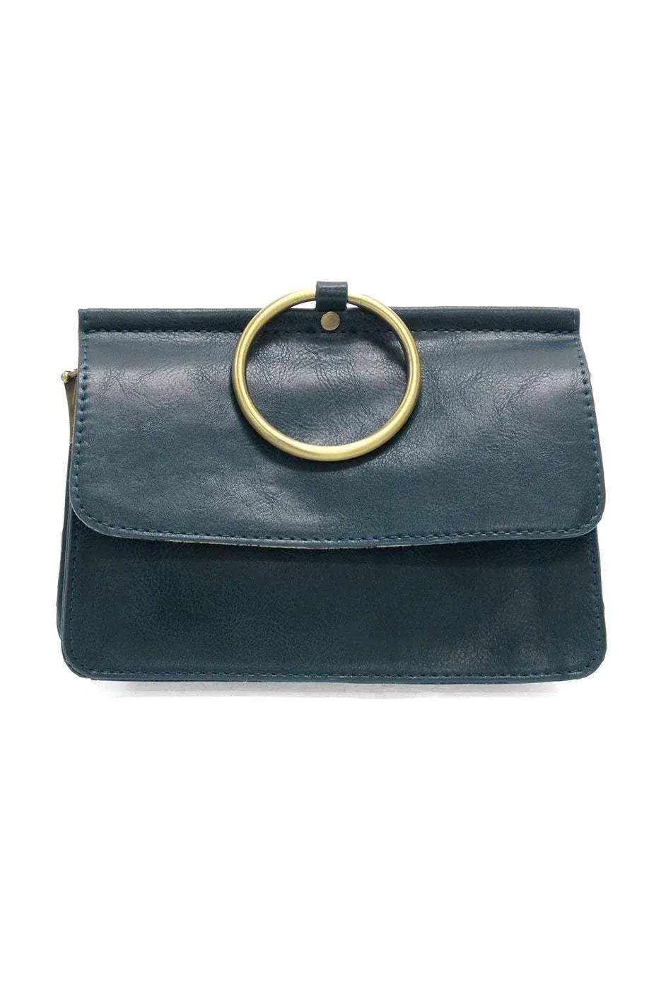 Dark teal leather aria ring bag clutch with gold toned circular handle and interior zip compartments at widest point