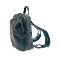 Frankie soft leather backpack in dark teal with subtle distressed finish brown logo zip pulls and zip closure