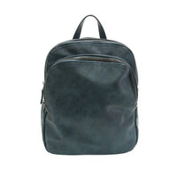Dark teal frankie soft leather backpack with subtle texture, vegan leather, logo zip pulls, and zip closure black zippers