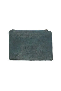 Dark teal leather penny mini travel wallet with textured surface zippered pouch and visible stitching