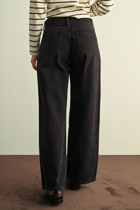 Dark-wash denim jeans low rise baggy wide leg trousers with classic back pockets and straight hem back view