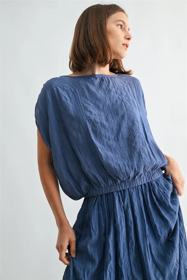 Crinkle satin elastic hem top in flowing deep blue with gathered waist