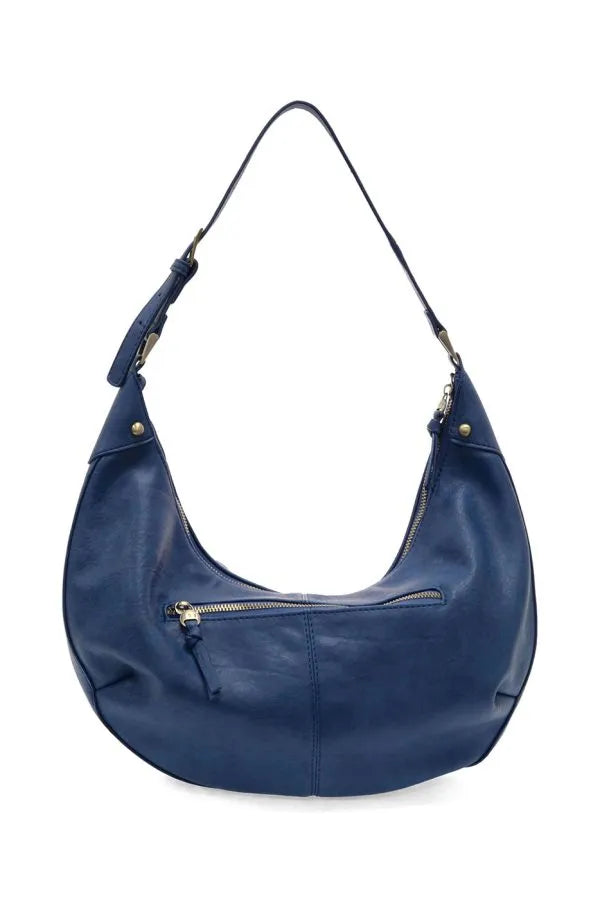 Deep blue leather leo crescent shoulder bag with single strap and gold-tone zipper accents for elegant use