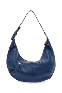 Deep blue leather leo crescent shoulder bag with single strap and gold-tone zipper accents for elegant use