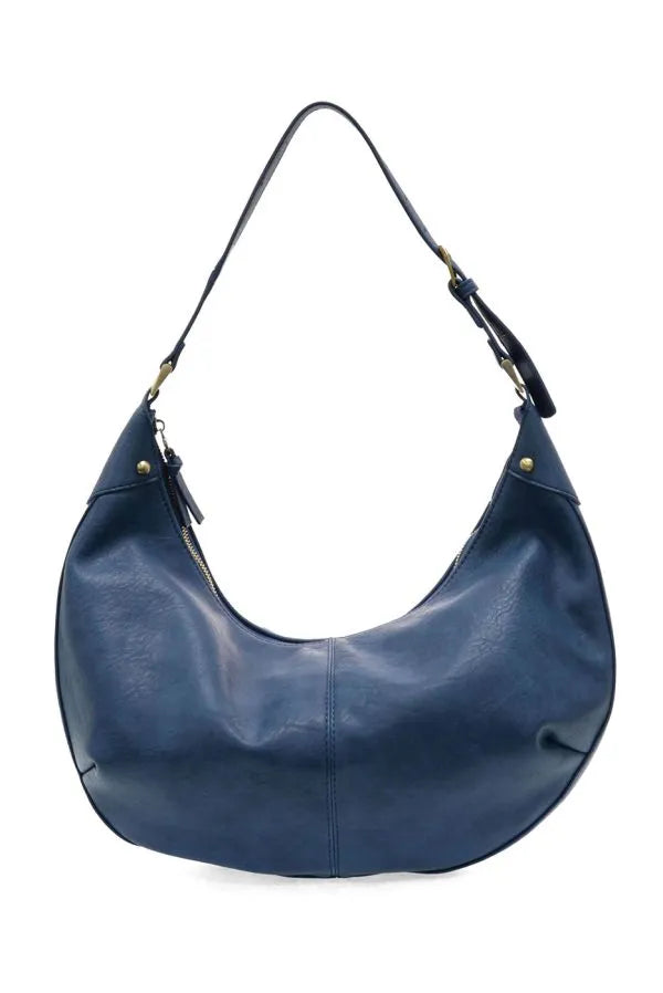 Deep navy blue leather leo crescent shoulder bag with a single strap and gold-tone hardware for stylish use