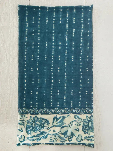 Deep teal hand-dyed boho bandeau headband with shibori stripe indigo pattern and white dotted floral border