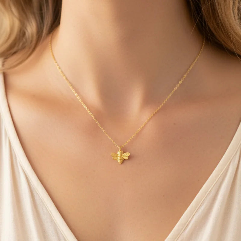 Mini bee gold pendant dainty necklace with fine chain