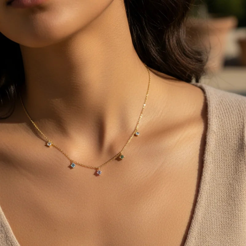 18k gold dipped mini CZ station charms dainty necklace with colorful gemstones