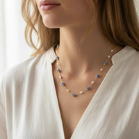 Delicate gold chain ceramic pearl necklace with alternating blue enamel flowers and white pearls