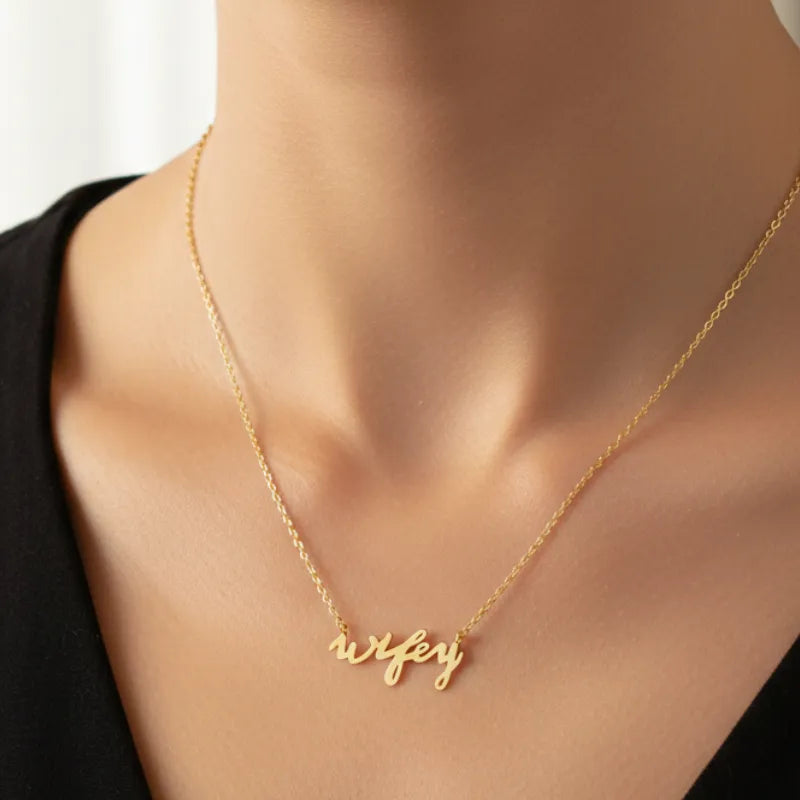 Dainty gold dipped wifey handwritten pendant necklace