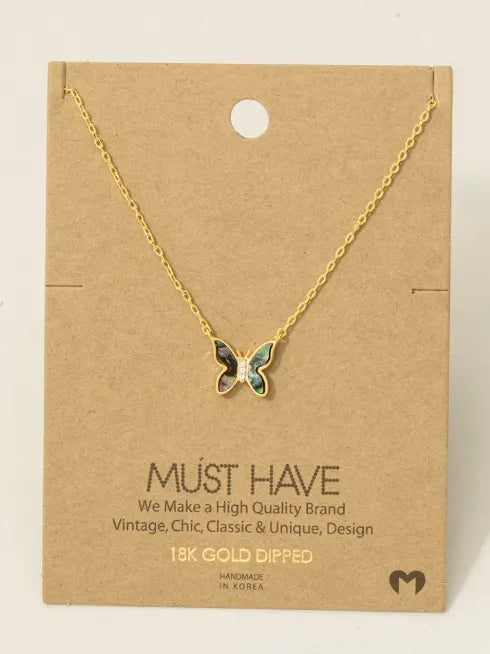 Gold dipped mini butterfly pendant necklace with iridescent inlay