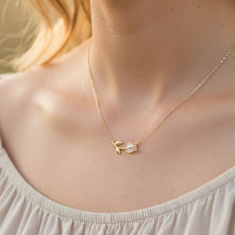 Tulip pendant gold dainty necklace with white stone center